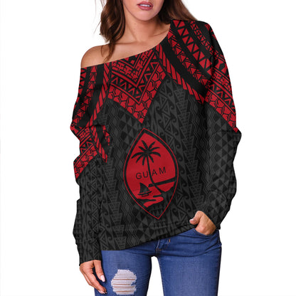 Guam Off Shoulder Sweatshirt Polynesian Armor Style Red