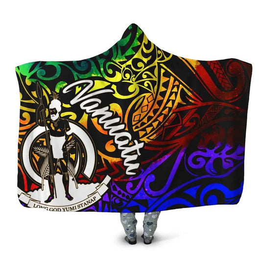 Vanuatu Hooded Blanket - Rainbow Polynesian Pattern