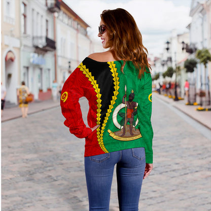 Vanuatu Off Shoulder Sweatshirt Tattoo With Tree Coconut Pattern