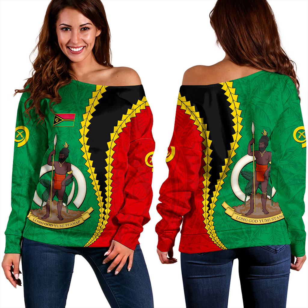 Vanuatu Off Shoulder Sweatshirt Tattoo With Tree Coconut Pattern