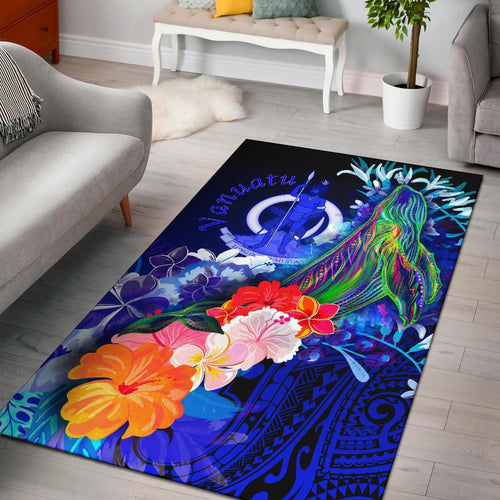 Vanuatu Area Rug - Humpback Whale with Tropical Flowers (Blue)