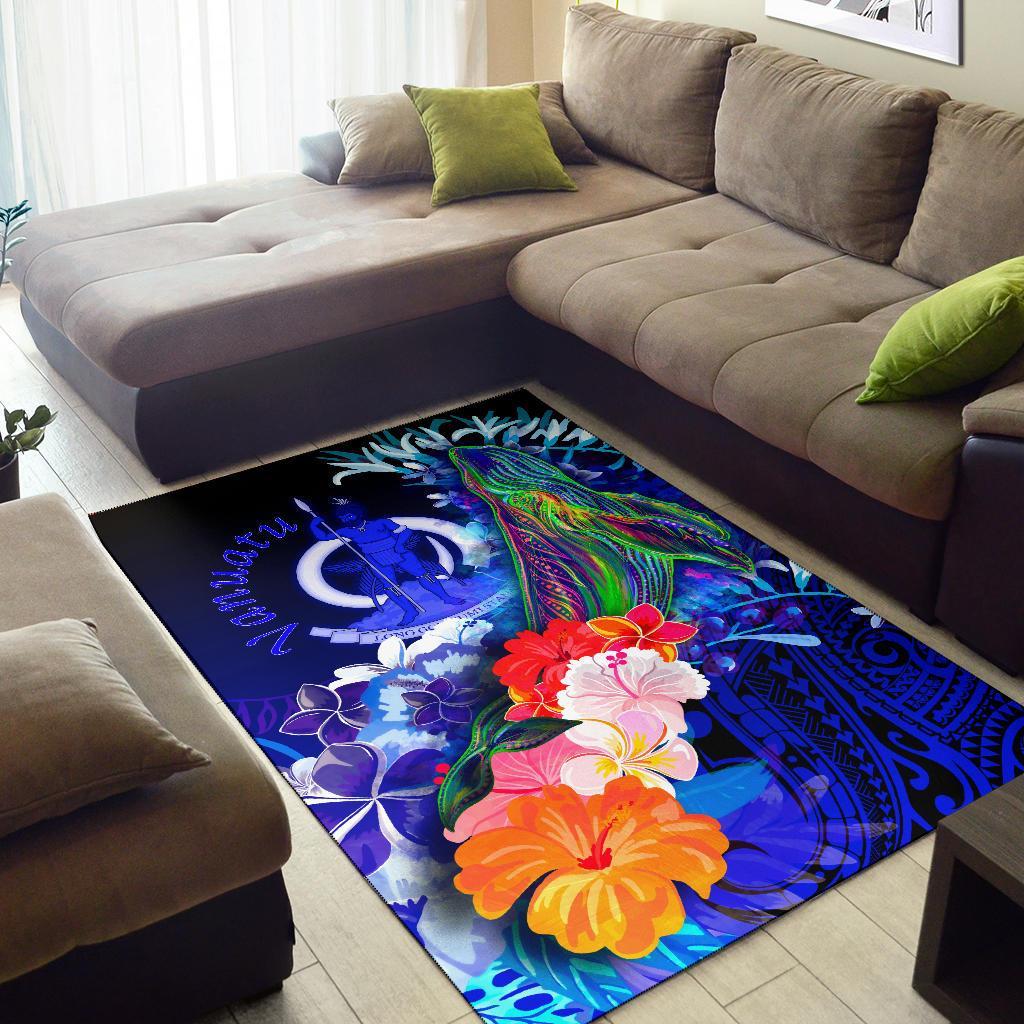 Vanuatu Area Rug - Humpback Whale with Tropical Flowers (Blue)