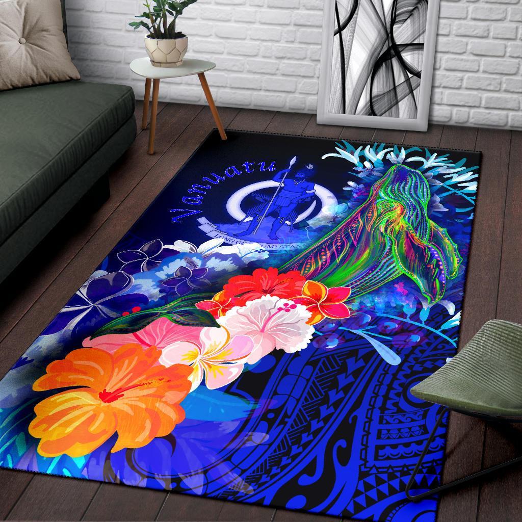 Vanuatu Area Rug - Humpback Whale with Tropical Flowers (Blue)