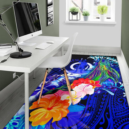 Vanuatu Area Rug - Humpback Whale with Tropical Flowers (Blue)