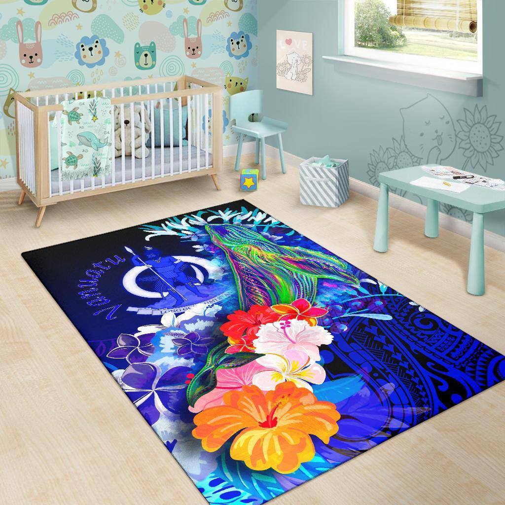 Vanuatu Area Rug - Humpback Whale with Tropical Flowers (Blue)