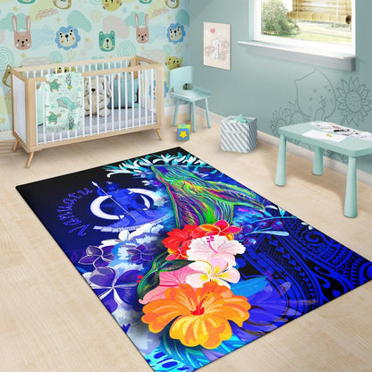 Vanuatu Area Rug - Humpback Whale with Tropical Flowers (Blue)