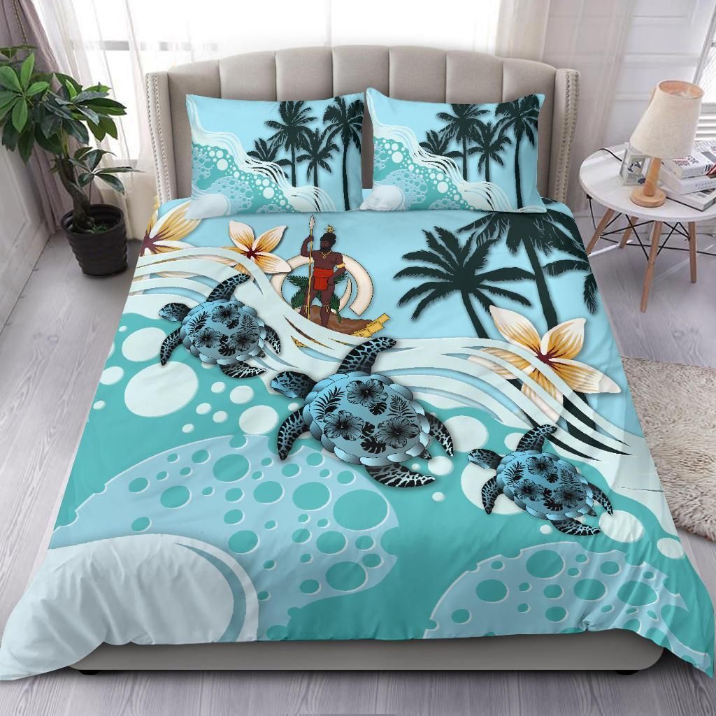 Polynesian Duvet Cover Set - Vanuatu Bedding Set Blue Turtle Hibiscus No