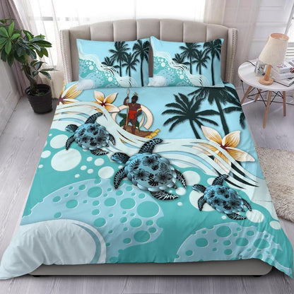 Polynesian Duvet Cover Set - Vanuatu Bedding Set Blue Turtle Hibiscus No