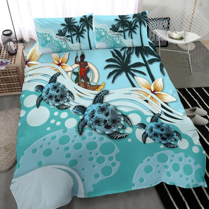 Polynesian Duvet Cover Set - Vanuatu Bedding Set Blue Turtle Hibiscus No
