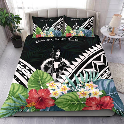 Vanuatu Bedding Set - Vanuatu Coat Of Arms & Polynesian Tropical Flowers White