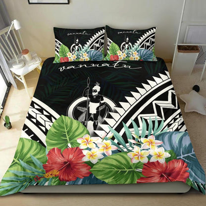 Vanuatu Bedding Set - Vanuatu Coat Of Arms & Polynesian Tropical Flowers White