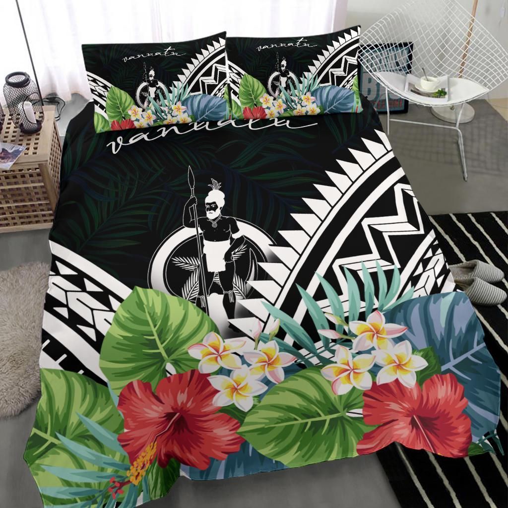 Vanuatu Bedding Set - Vanuatu Coat Of Arms & Polynesian Tropical Flowers White