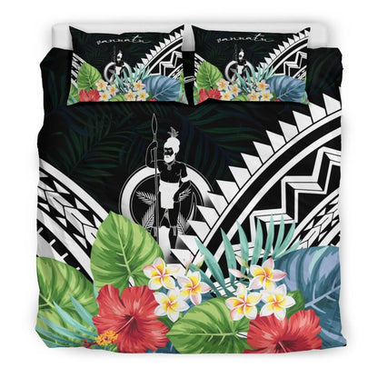 Vanuatu Bedding Set - Vanuatu Coat Of Arms & Polynesian Tropical Flowers White