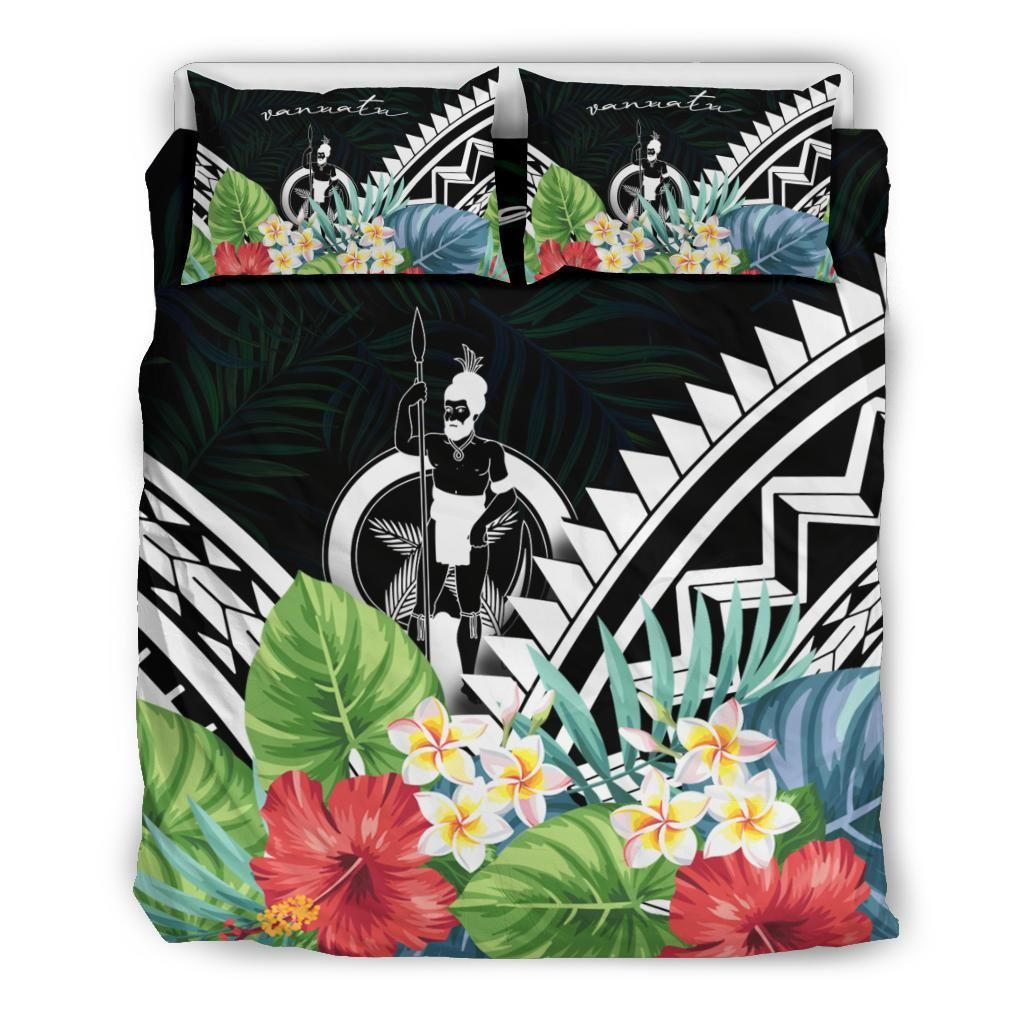 Vanuatu Bedding Set - Vanuatu Coat Of Arms & Polynesian Tropical Flowers White