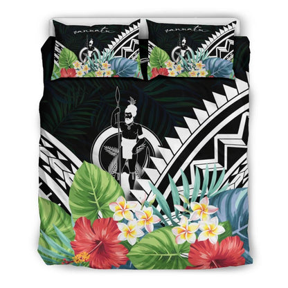 Vanuatu Bedding Set - Vanuatu Coat Of Arms & Polynesian Tropical Flowers White