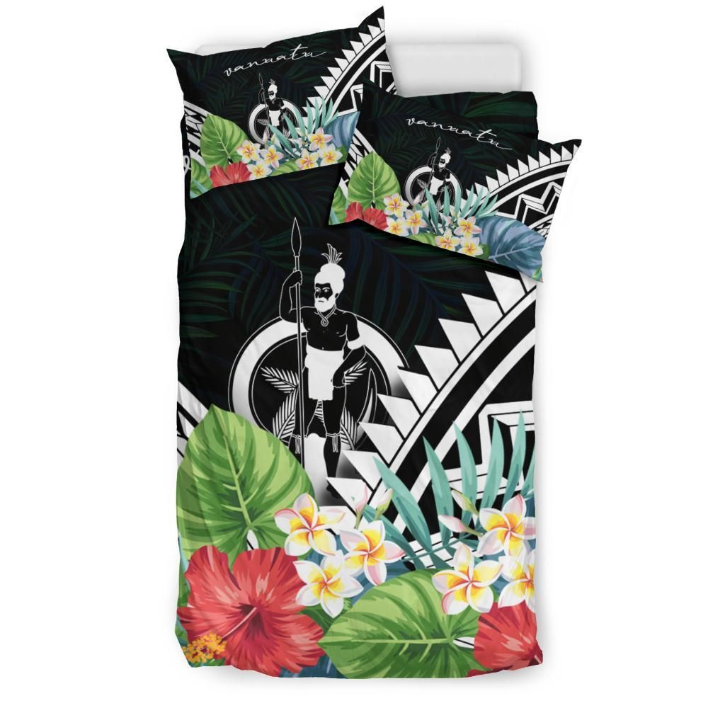 Vanuatu Bedding Set - Vanuatu Coat Of Arms & Polynesian Tropical Flowers White