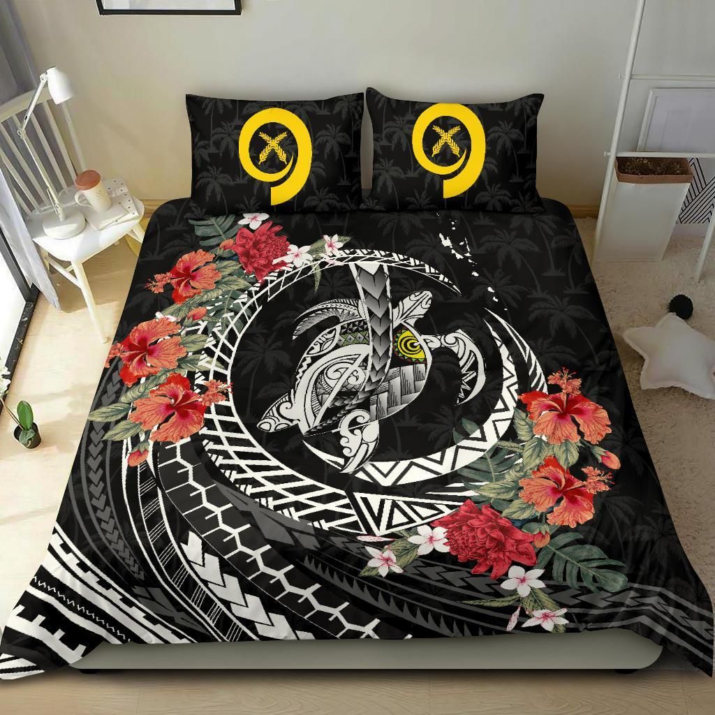 Polynesian Duvet Cover Set - Vanuatu Bedding Set Polynesia Map Turtle Hibiscus