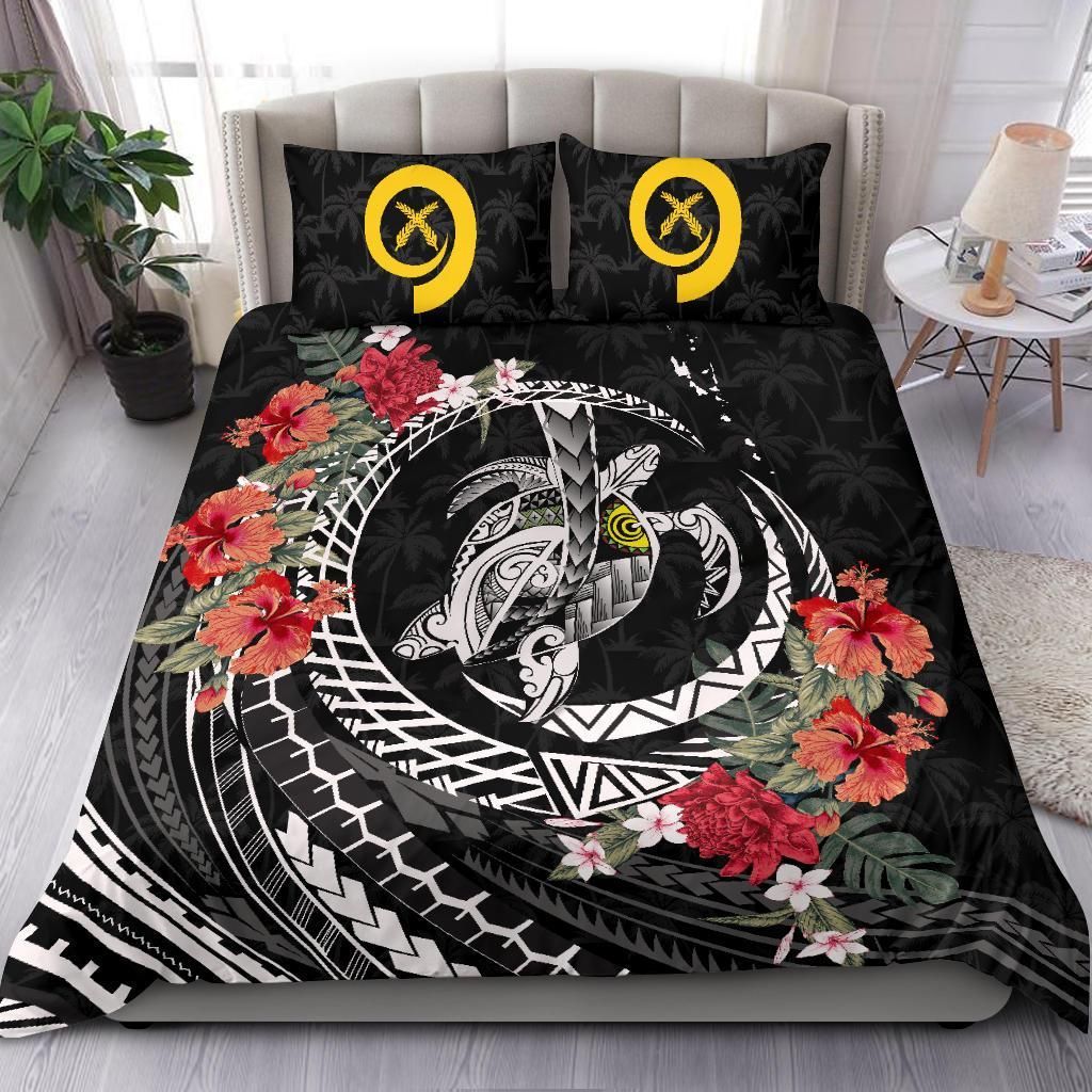 Polynesian Duvet Cover Set - Vanuatu Bedding Set Polynesia Map Turtle Hibiscus