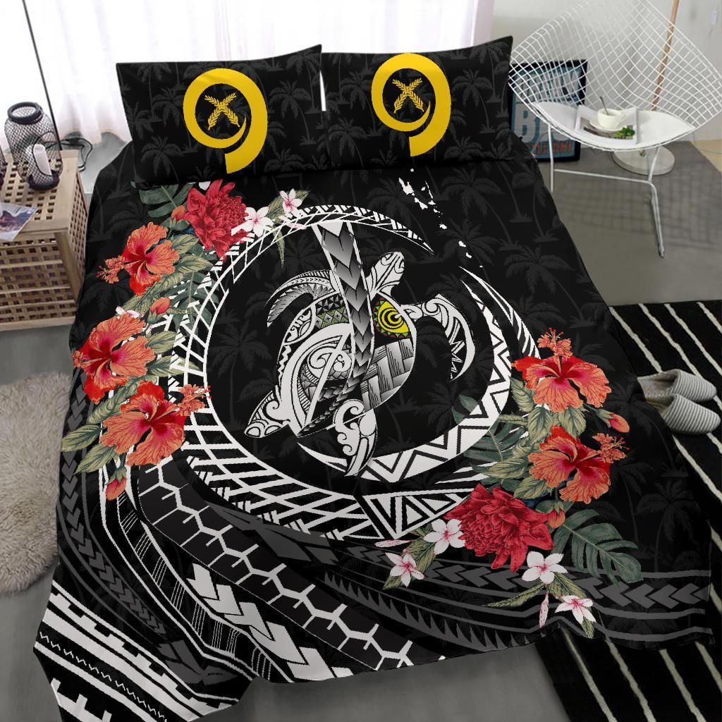 Polynesian Duvet Cover Set - Vanuatu Bedding Set Polynesia Map Turtle Hibiscus