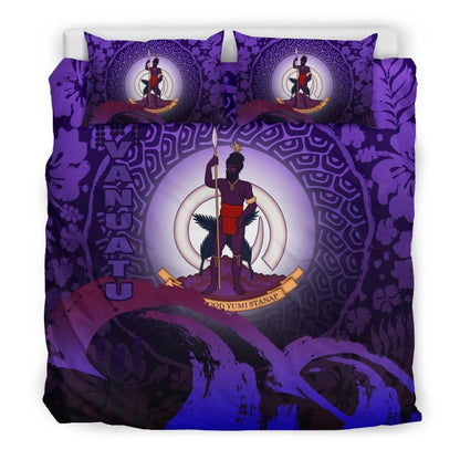 Vanuatu Duvet Cover Set - Vanuatu Coat Of Arms Wave And Hibiscus Purple2
