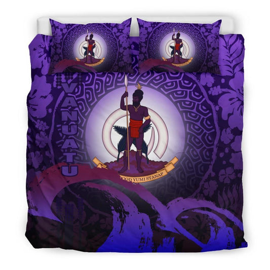 Vanuatu Duvet Cover Set - Vanuatu Coat Of Arms Wave And Hibiscus Purple2