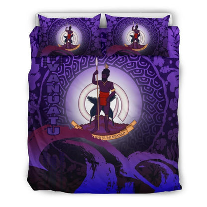 Vanuatu Duvet Cover Set - Vanuatu Coat Of Arms Wave And Hibiscus Purple2
