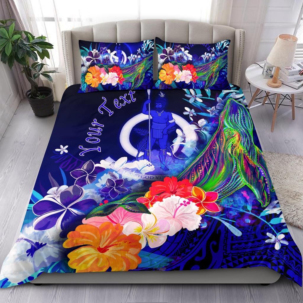 Vanuatu Custom Personalised Bedding Set - Humpback Whale With Tropical Flowers (Blue)