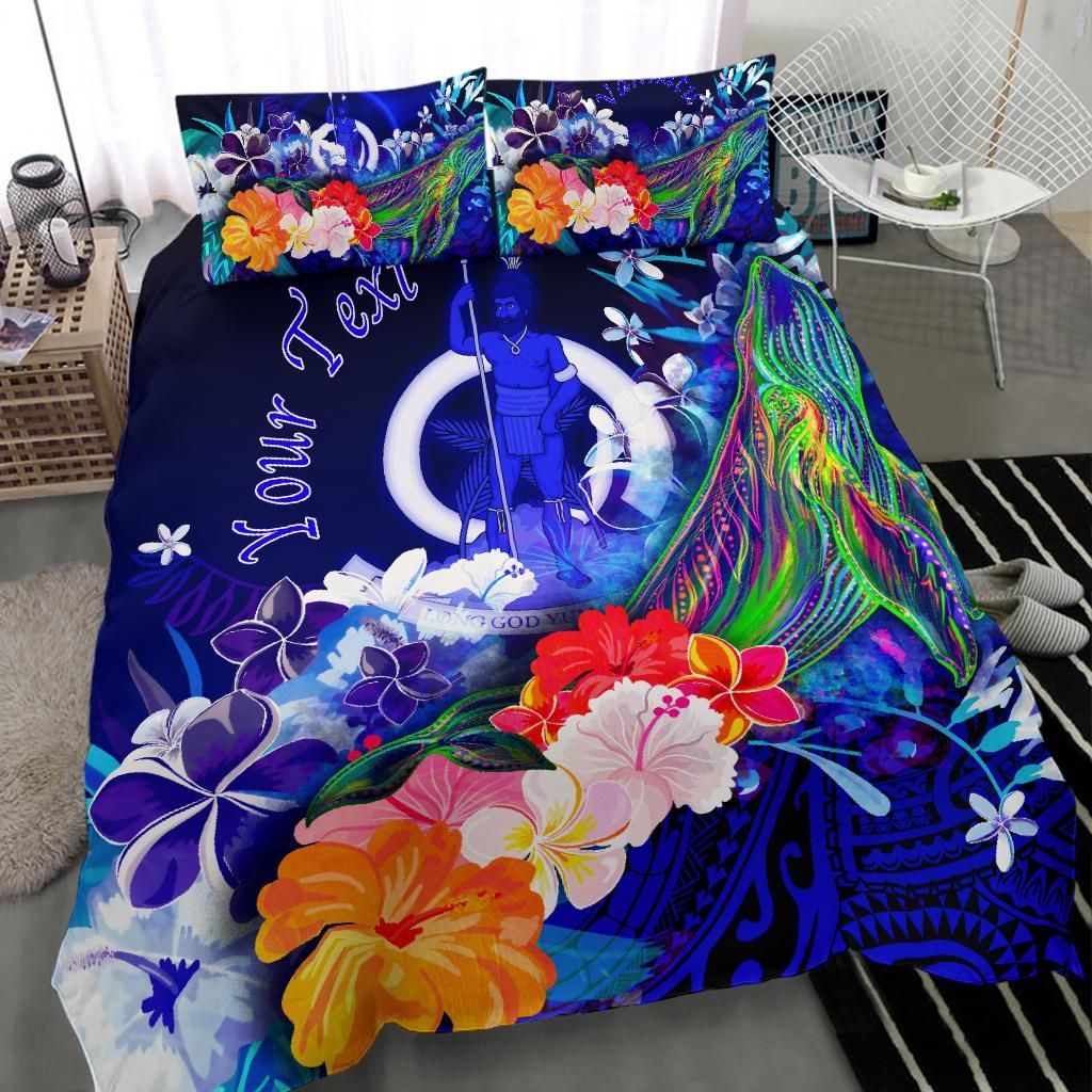 Vanuatu Custom Personalised Bedding Set - Humpback Whale With Tropical Flowers (Blue)