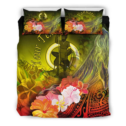 Vanuatu Custom Personalised Bedding Set - Humpback Whale With Tropical Flowers (Yellow)