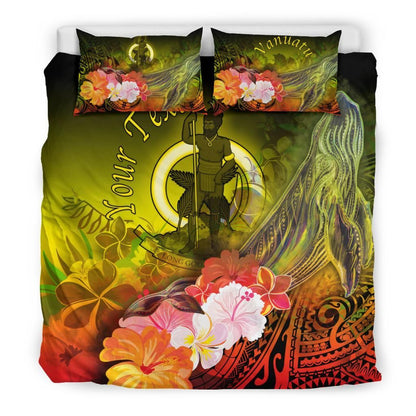 Vanuatu Custom Personalised Bedding Set - Humpback Whale With Tropical Flowers (Yellow)