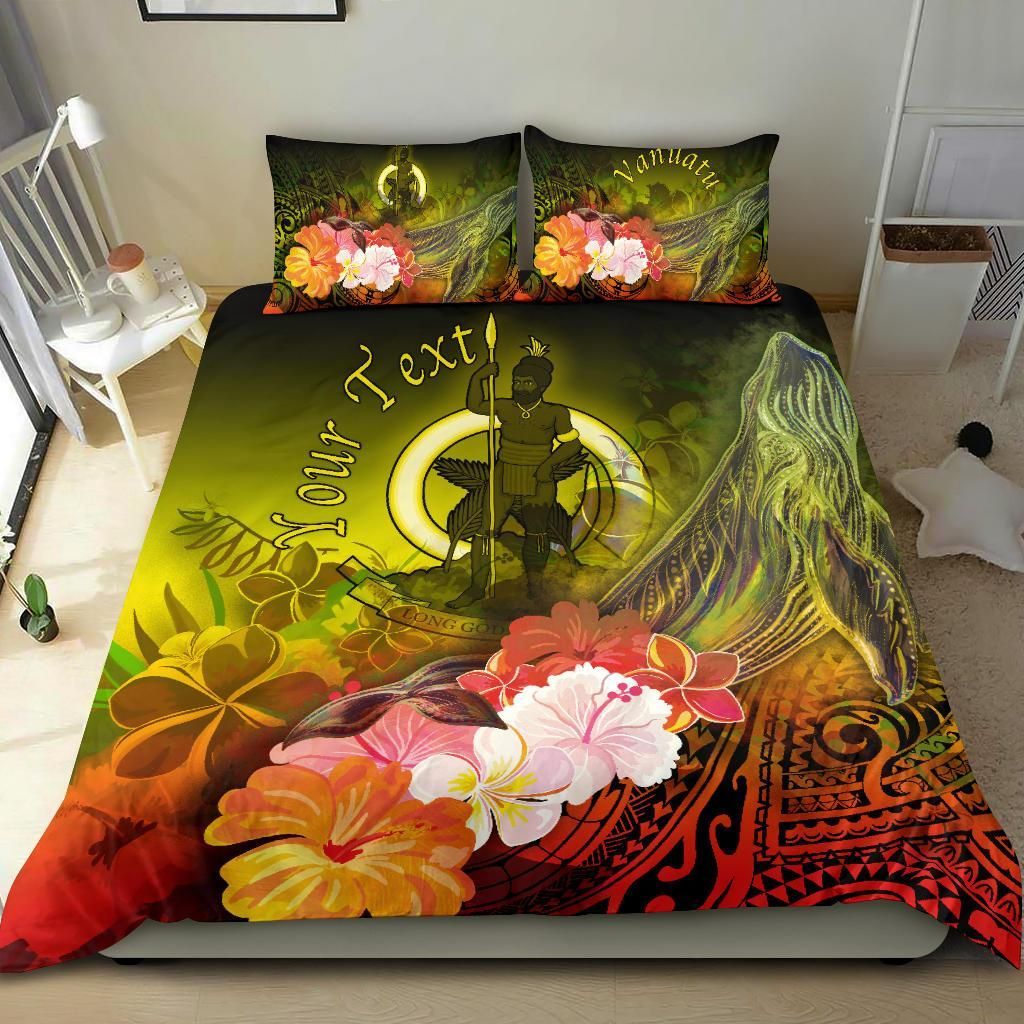 Vanuatu Custom Personalised Bedding Set - Humpback Whale With Tropical Flowers (Yellow)