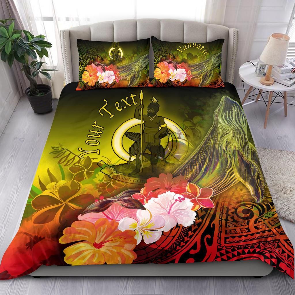 Vanuatu Custom Personalised Bedding Set - Humpback Whale With Tropical Flowers (Yellow)