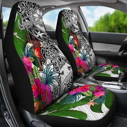 Vanuatu Custom Personalised Car Seat Covers White - Turtle Plumeria Banana Leaf
