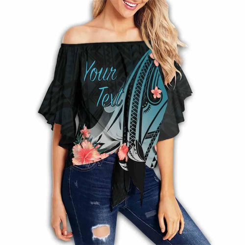 Vanuatu Custom Personalised Off Shoulder Wrap Waist Top - Turquoise Polynesian Hibiscus Pattern Style