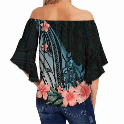 Vanuatu Custom Personalised Off Shoulder Wrap Waist Top - Turquoise Polynesian Hibiscus Pattern Style