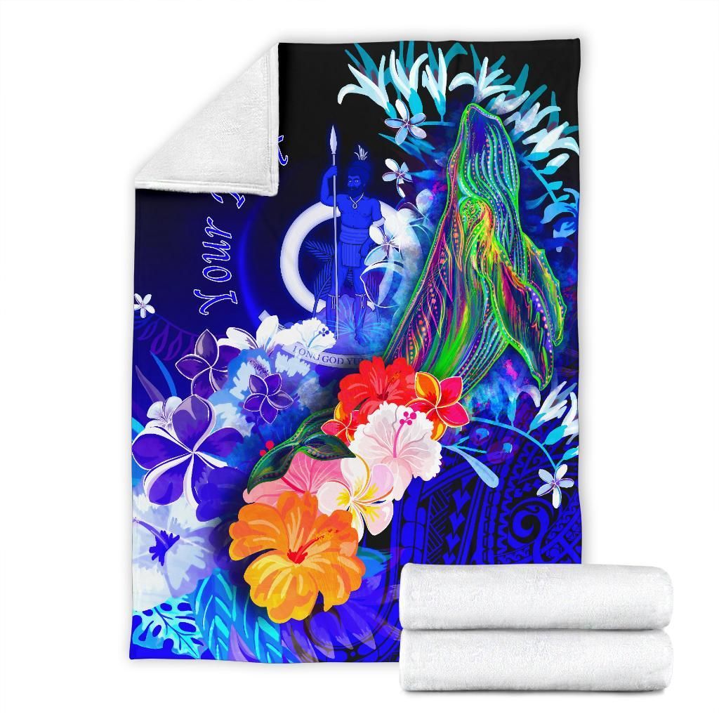 Vanuatu Custom Personalised Premium Blanket - Humpback Whale with Tropical Flowers (Blue)