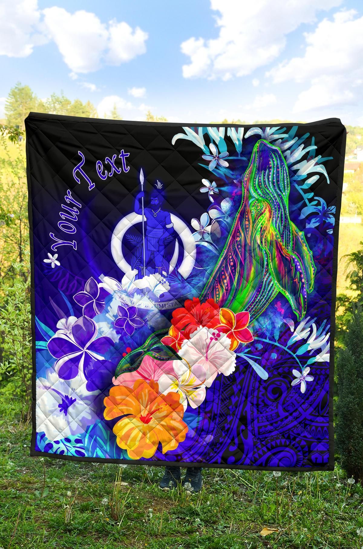Vanuatu Custom Personalised Premium Quilt - Humpback Whale with Tropical Flowers (Blue)