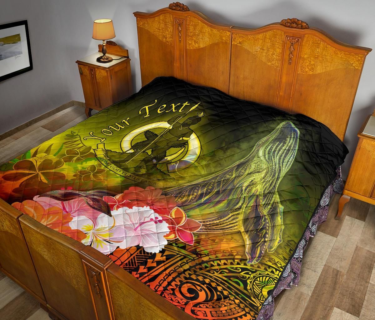 Vanuatu Custom Personalised Premium Quilt - Humpback Whale with Tropical Flowers (Yellow)