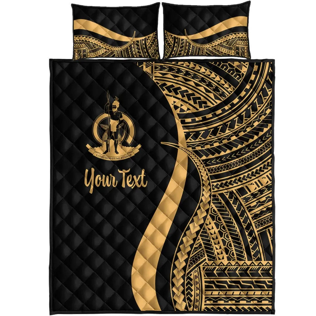 Vanuatu Custom Personalised Quilt Bed Set - Gold Polynesian Tentacle Tribal Pattern