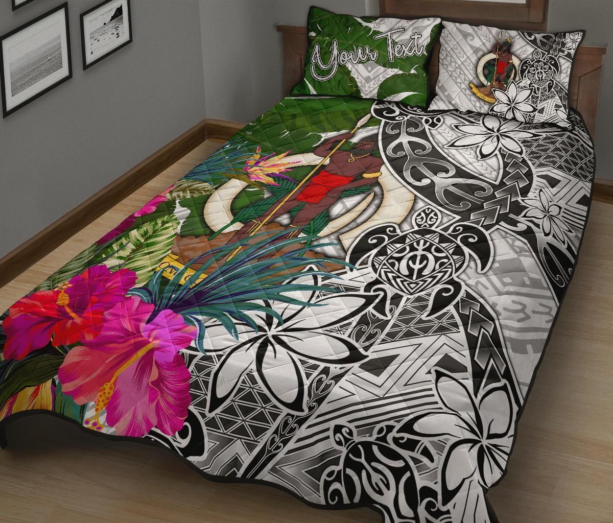 Vanuatu Custom Personalised Quilt Bed Set White - Turtle Plumeria Banana Leaf