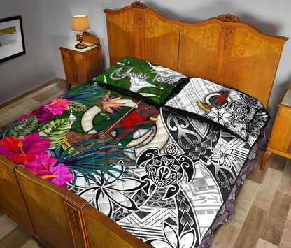Vanuatu Custom Personalised Quilt Bed Set White - Turtle Plumeria Banana Leaf