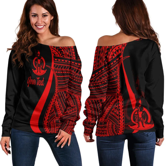 Vanuatu Custom Personalised Women Off Shoulder Sweater - Red Polynesian Tentacle Tribal Pattern
