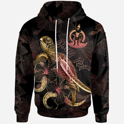 Vanuatu Custom Personalized Polynesian Hoodie - Turtle With Blooming Hibiscus Gold