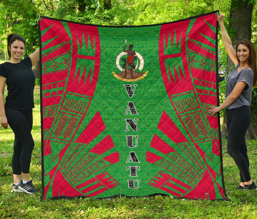 Vanuatu Premium Quilt - Vanuatu Coat Of Arms Polynesian Red Tattoo (Green)