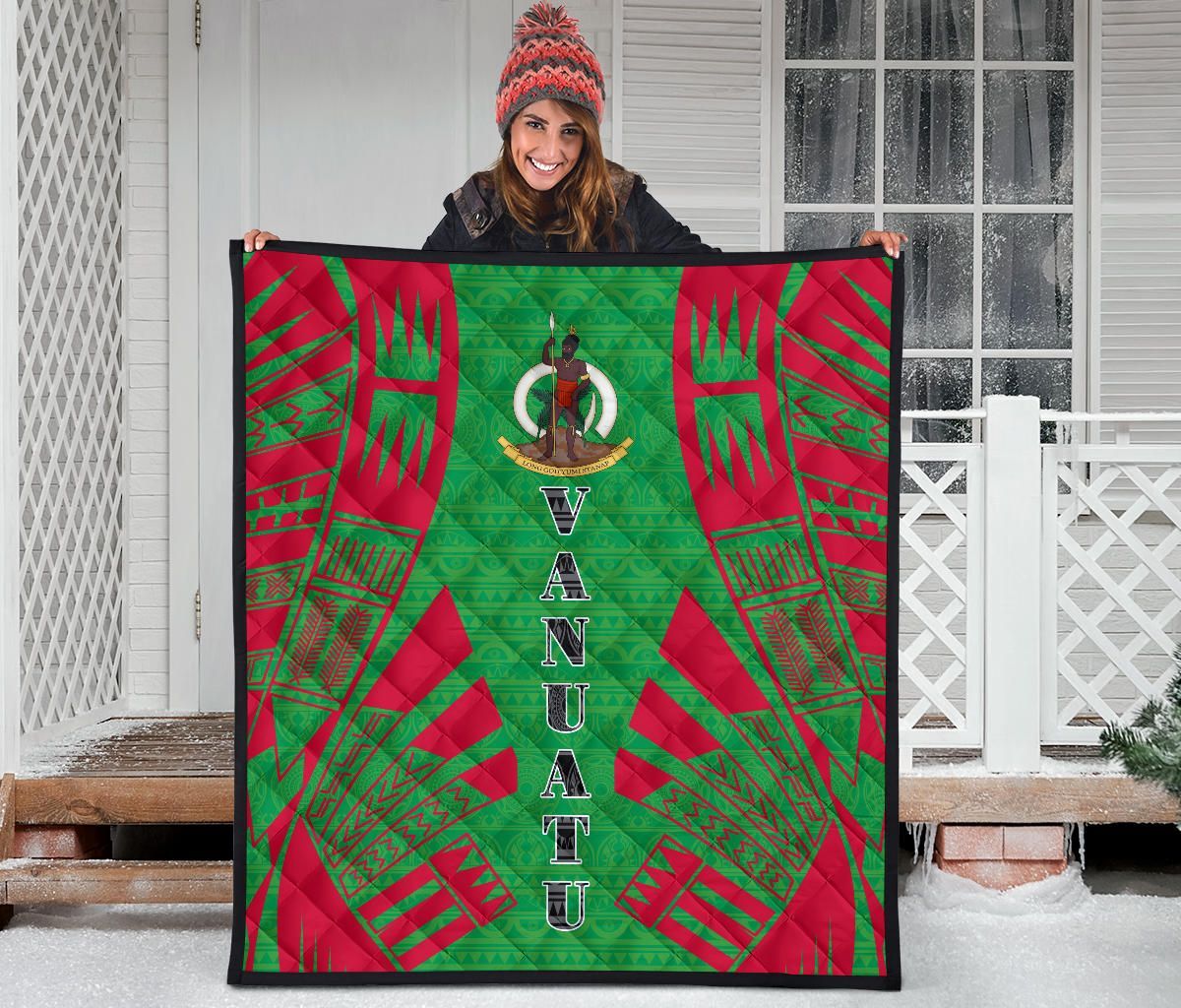 Vanuatu Premium Quilt - Vanuatu Coat Of Arms Polynesian Red Tattoo (Green)