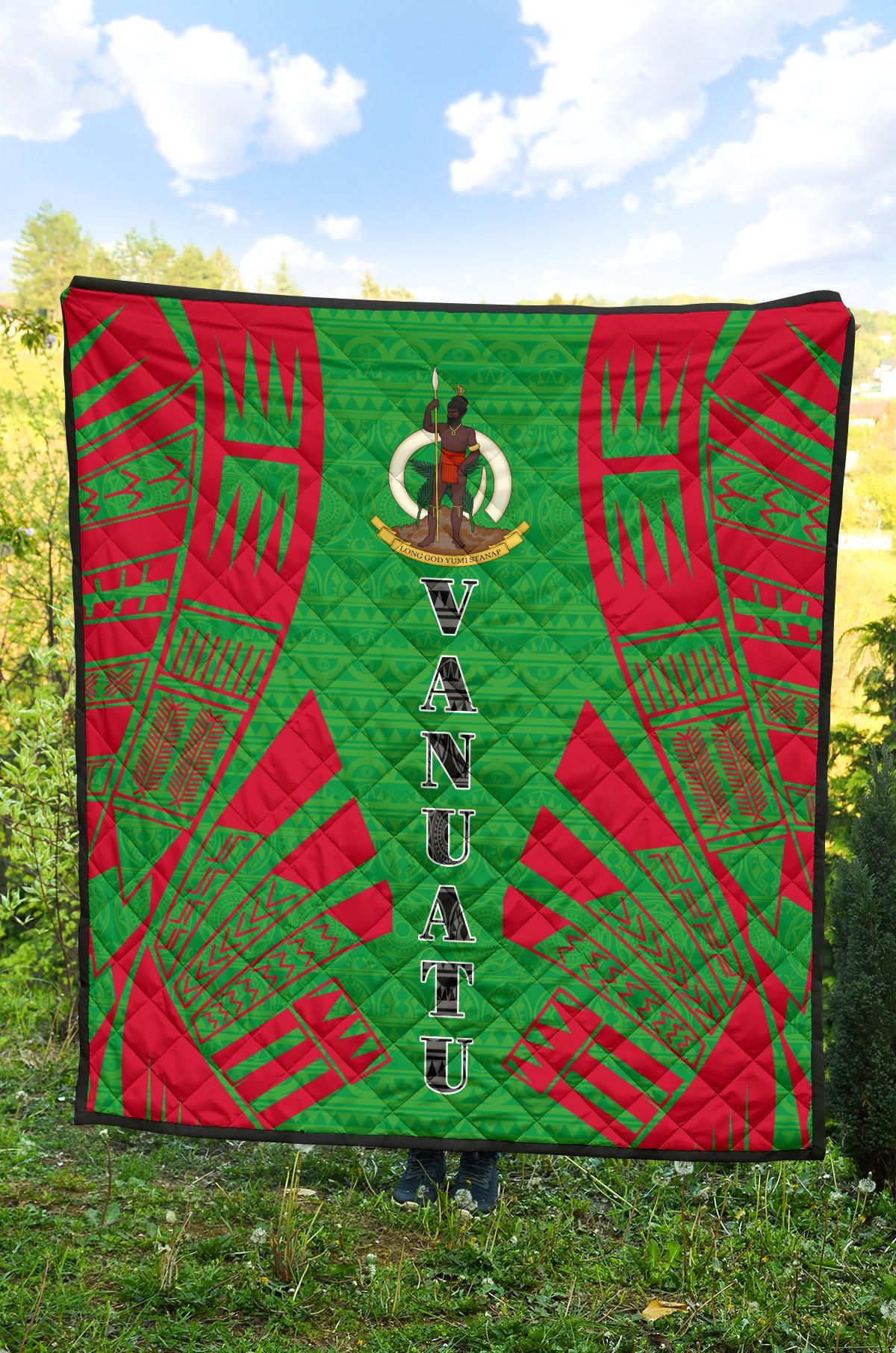 Vanuatu Premium Quilt - Vanuatu Coat Of Arms Polynesian Red Tattoo (Green)