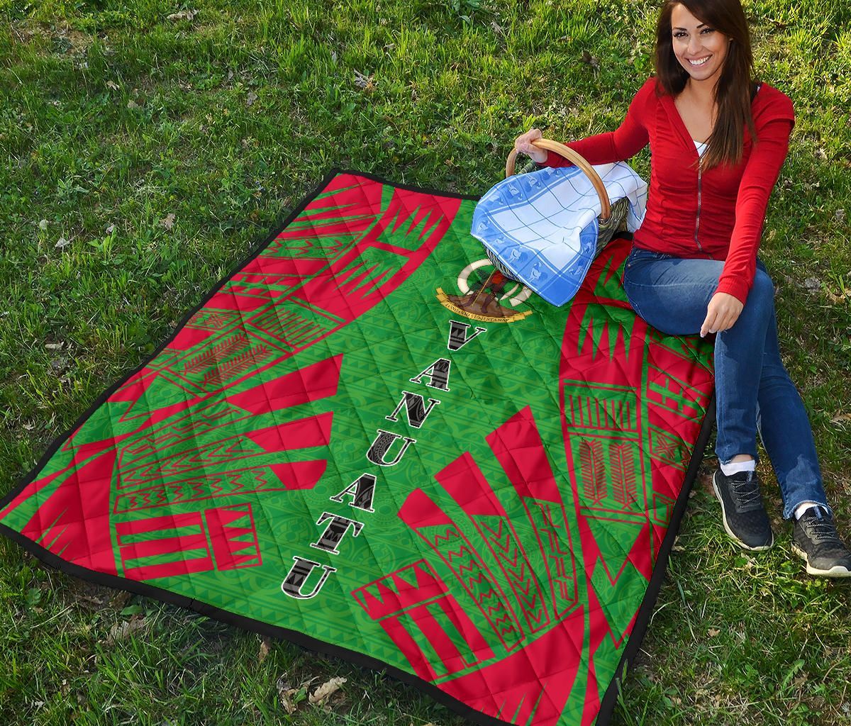 Vanuatu Premium Quilt - Vanuatu Coat Of Arms Polynesian Red Tattoo (Green)