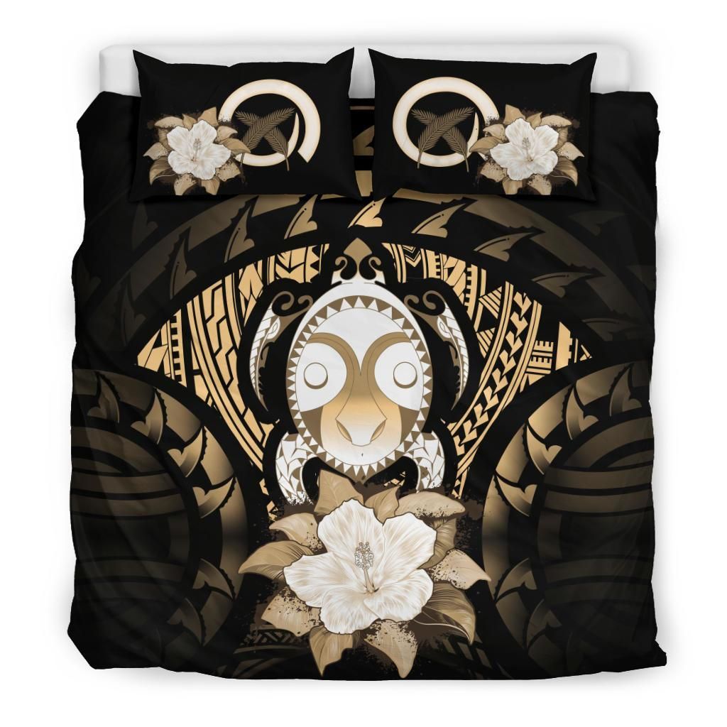 Vanuatu Duvet Cover Set - Turtle Tiki Face & Gold Hibiscus