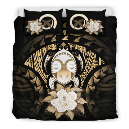 Vanuatu Duvet Cover Set - Turtle Tiki Face & Gold Hibiscus