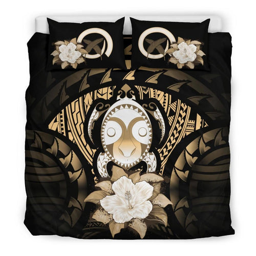 Vanuatu Duvet Cover Set - Turtle Tiki Face & Gold Hibiscus